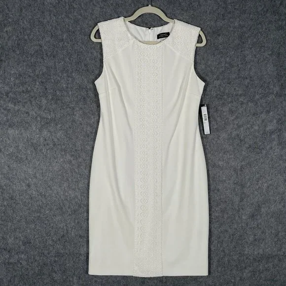 Tahari White Lace Sheath Dress Size 8 Stretch Crepe Elegant Fashion - Picture 2 of 11